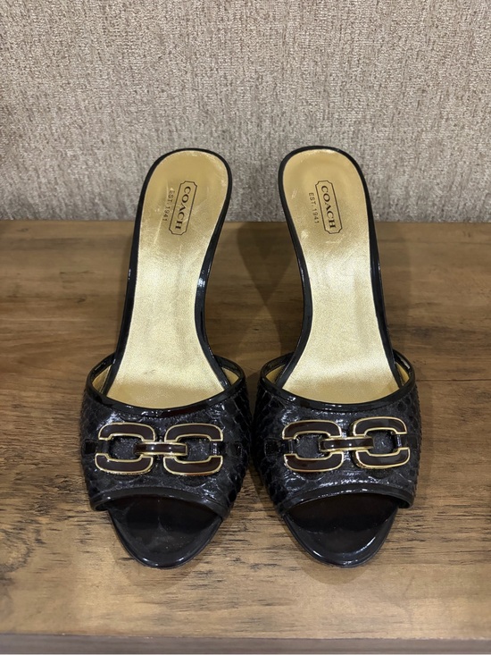 Coach Shoes - Coach Black Leather Open-Toe Mules with Gold Chain Detail